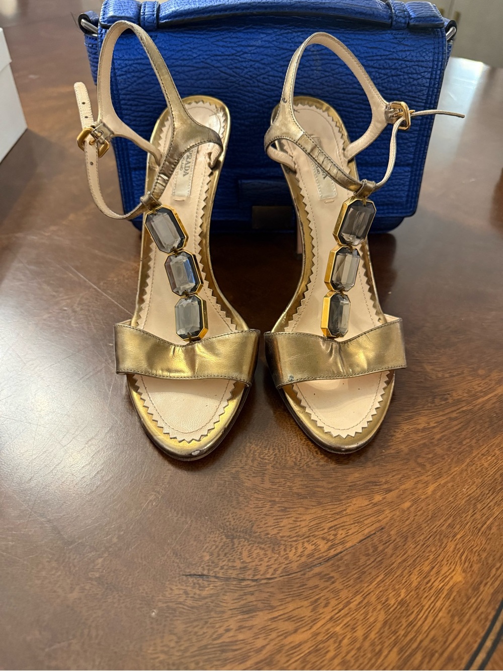 Prada Bronze Capretto Lame Heeled Sandals size 37.5